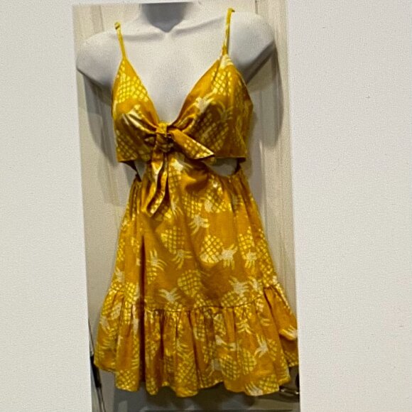 AQUA BLOOMINGDALES STUDIOS X 189 YELLOW AND WHITE MINI DRESS NWOT XS - Picture 4 of 6